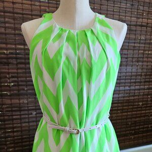 Fluorescent Green and White Chevron Patterned Dress with White Belt Size Small